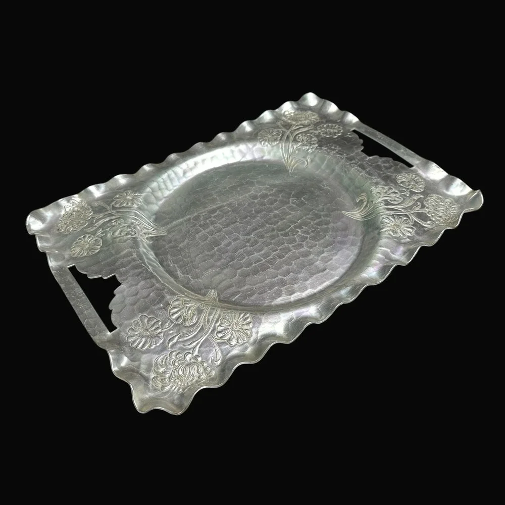 Vintage Hand Forged Hammered Aluminum Floral Serving Tray 88 Ruffled Edge 16.5in